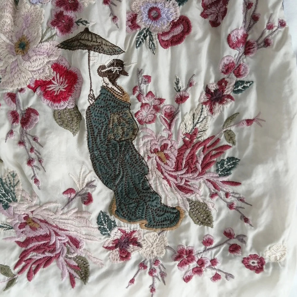 Johnny Was Hisako Embroidered Silk Button Blouse XS Plaid Japanese Floral Bird - Picture 10 of 17